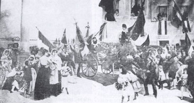 Garibaldi acolto trionfalmente a Ciósa (tela de A. Brusomini Naccari).