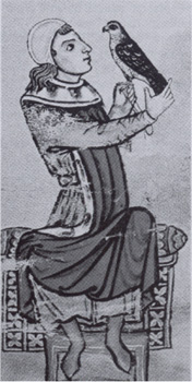 Re Manfredi, fiolo naturale de Federico II de Svevia e de Bianca Lancia, te na antica miniatura, col so falcon.