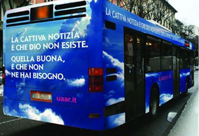Eco, in sto fotomontagio, come dovèa vegner fora la publicità atea su i autobus de Genova.