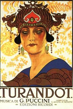 Manifesto de l’òpera Turandot de G. Puccini, su libreto de G. Adami e R. Simoni.