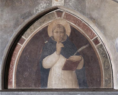 San Pietro Martire che ingiunge il silenzio (luneta afrescà dal Beato Angelico, 1442 ca, convento de S. Marco a Firenze).