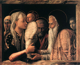 Andrea Mantegna (1431-1506), La Presentazione al Tempio (1460), tempera su tavola, cm 67 x 86 (Staatliche Museen, Berlino).