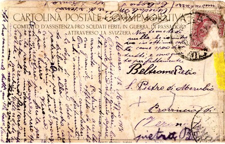 Cartolina postale spedìa da Sante Beltrame a so papà Pietro el 12-5-1917 e rivà a S. Pietro de Morubio el 15-5-1917.