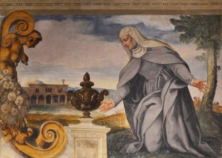 Afreschi (D. Varotari, 1579) ne la “Sala della Carità”, con i ritrati de Baldo e Sibilia; nel sfondo, l'Ospedale, la cesa e el Convento de San Francesco.