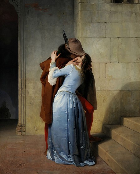 Francesco Hayez, Il bacio (1859); ojo su tela, 112 × 88 cm (Milano, Pinacoteca de Brera).