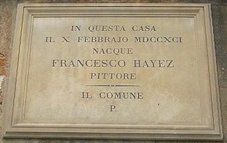 La lapide su la casa indo’ xe nato Francesco Hayez, in corte Rotta, a Venezia.